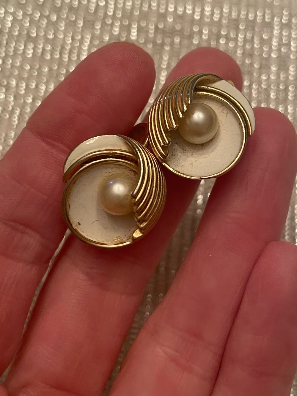 Trifari Gold-Tone Clip Earrings with Cream Faux Pearls